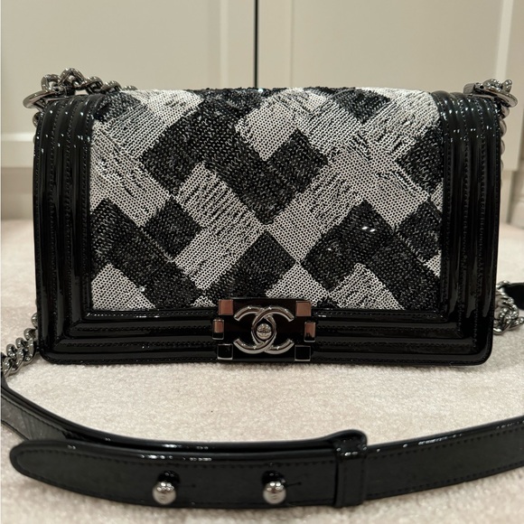 CHANEL Handbags - Chanel Medium Boy Bag in Sequin and Black Patent Leather